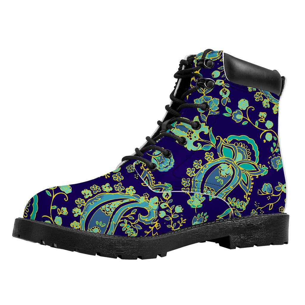 Blue Bohemian Paisley Pattern Print Work Boots