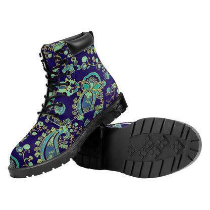Blue Bohemian Paisley Pattern Print Work Boots