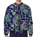 Blue Bohemian Paisley Pattern Print Zip Sleeve Bomber Jacket