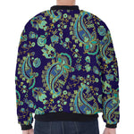 Blue Bohemian Paisley Pattern Print Zip Sleeve Bomber Jacket
