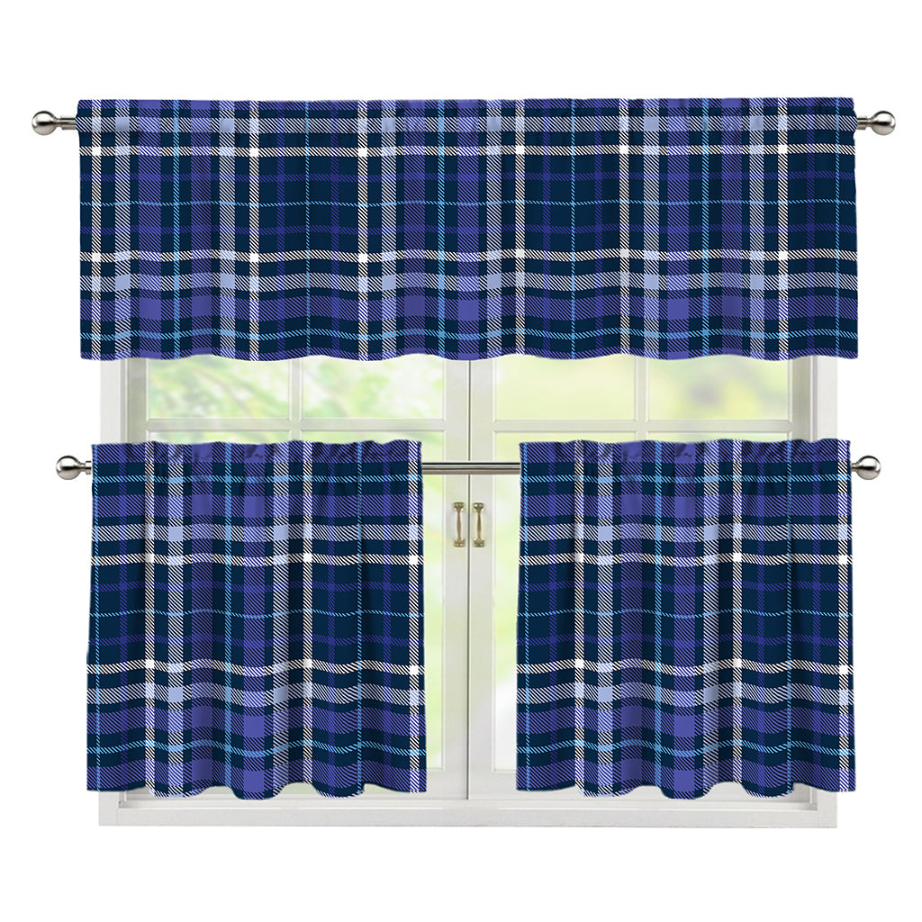 Blue Border Tartan Pattern Print 3 Piece Kitchen Curtains