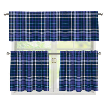 Blue Border Tartan Pattern Print 3 Piece Kitchen Curtains