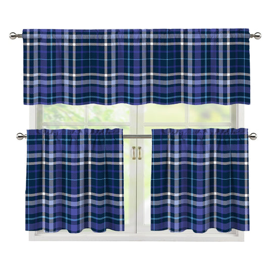 Blue Border Tartan Pattern Print 3 Piece Kitchen Curtains