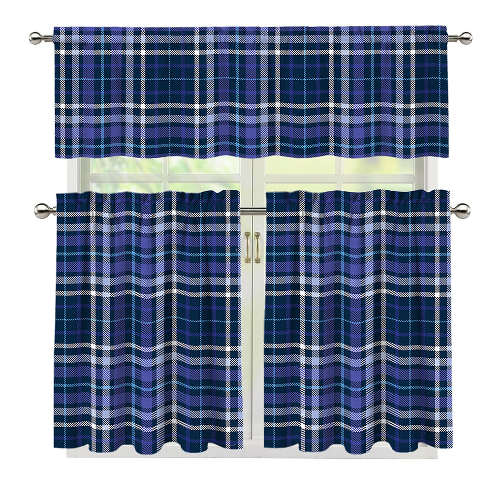 Blue Border Tartan Pattern Print 3 Piece Kitchen Curtains