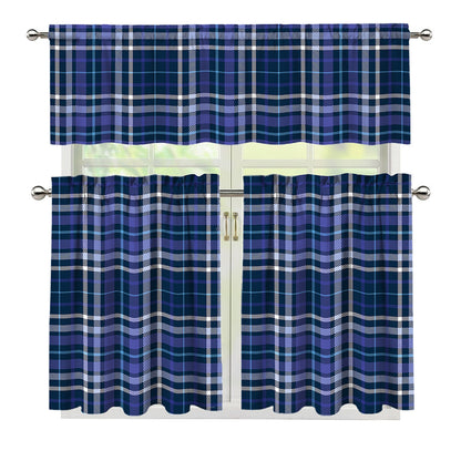 Blue Border Tartan Pattern Print 3 Piece Kitchen Curtains