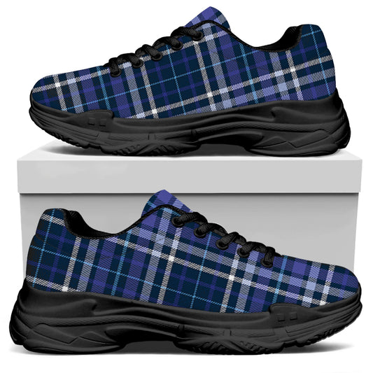 Blue Border Tartan Pattern Print Black Chunky Shoes