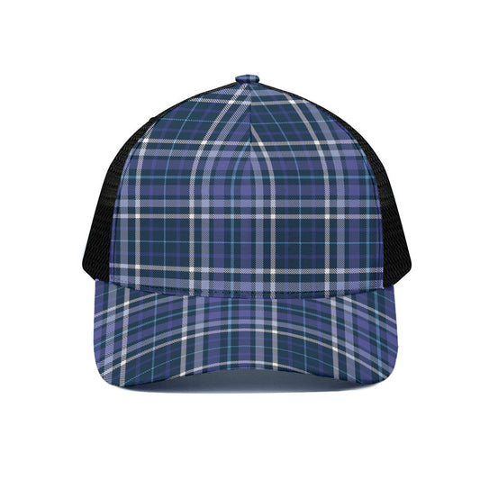 Blue Border Tartan Pattern Print Black Mesh Trucker Cap