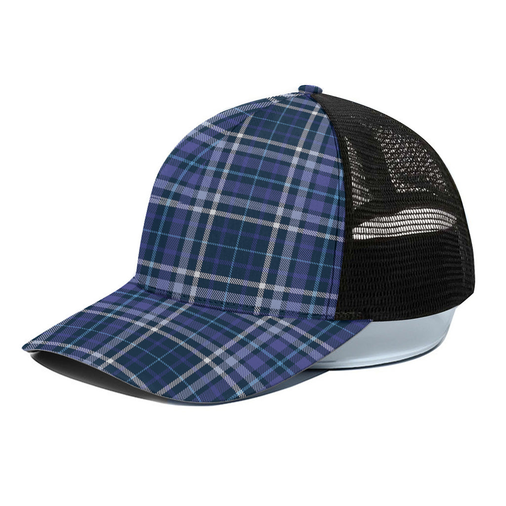 Blue Border Tartan Pattern Print Black Mesh Trucker Cap