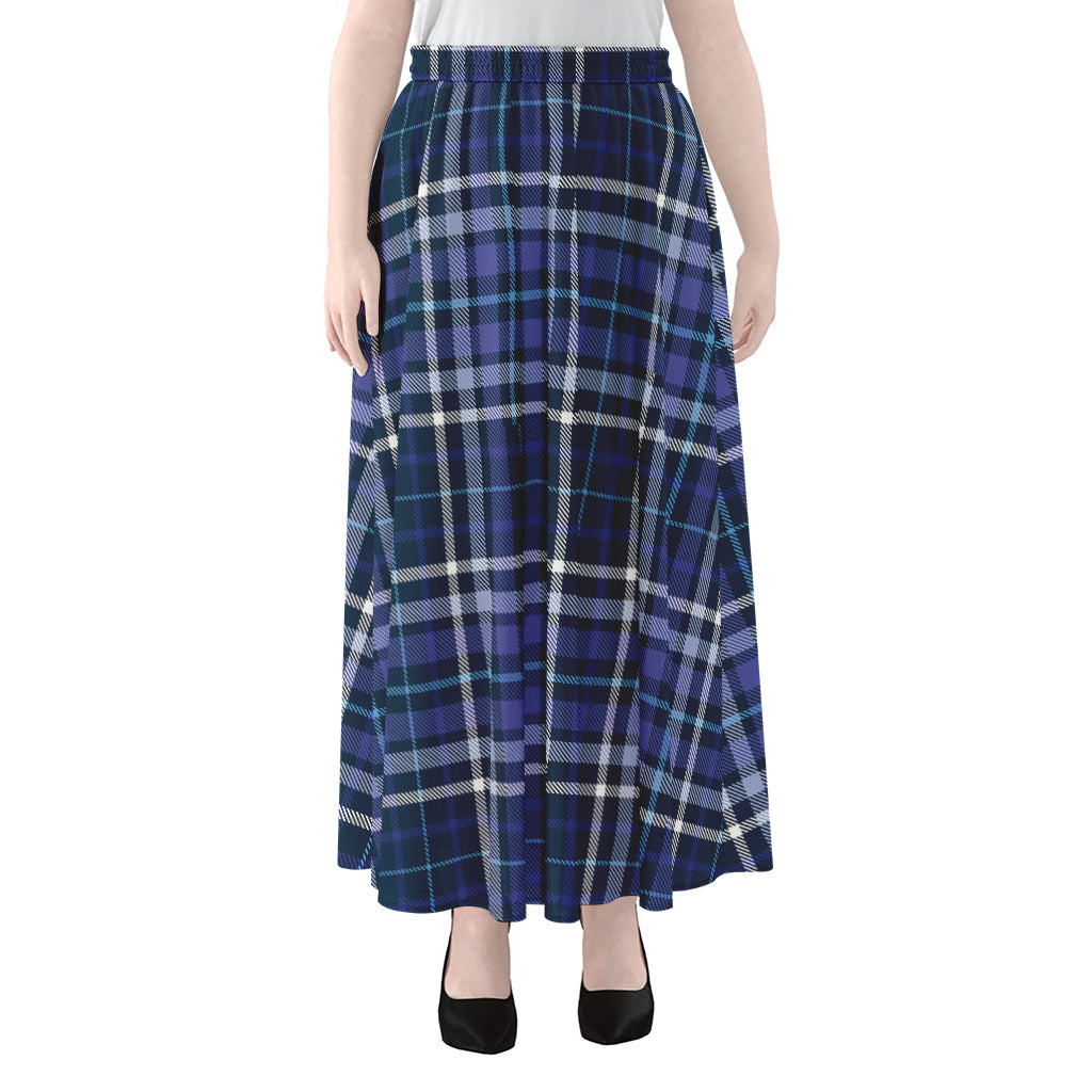 Blue Border Tartan Pattern Print Chiffon Maxi Skirt