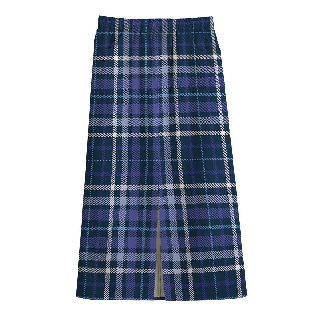 Blue Border Tartan Pattern Print Cotton Front Slit Maxi Skirt