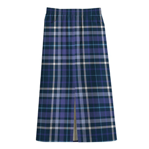 Blue Border Tartan Pattern Print Cotton Front Slit Maxi Skirt