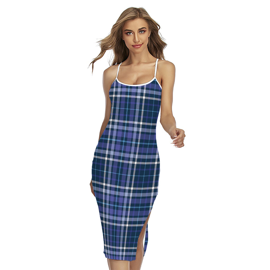 Blue Border Tartan Pattern Print Cross Back Cami Dress