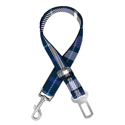 Blue Border Tartan Pattern Print Dog Seat Belt
