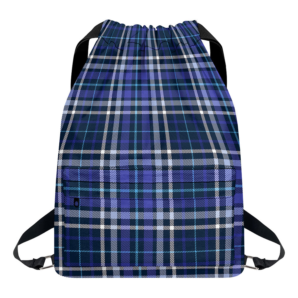 Blue Border Tartan Pattern Print Drawstring Backpack