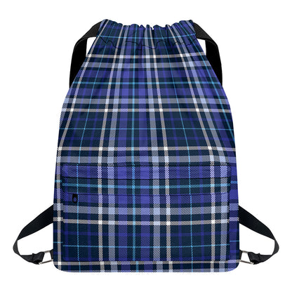Blue Border Tartan Pattern Print Drawstring Backpack