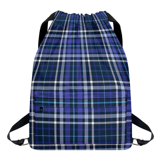 Blue Border Tartan Pattern Print Drawstring Backpack