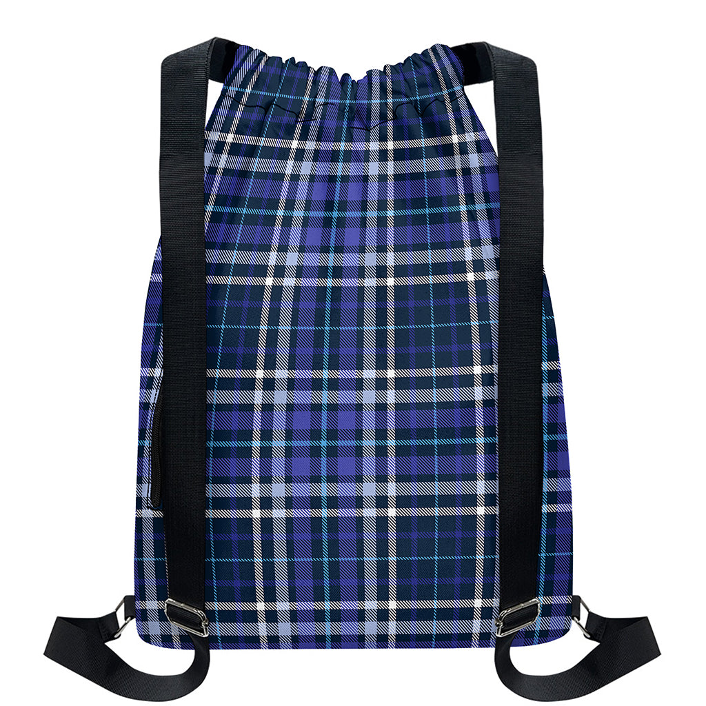 Blue Border Tartan Pattern Print Drawstring Backpack