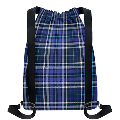Blue Border Tartan Pattern Print Drawstring Backpack
