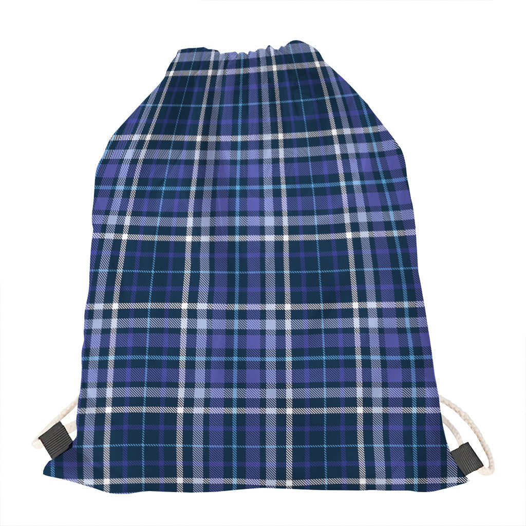 Blue Border Tartan Pattern Print Drawstring Bag