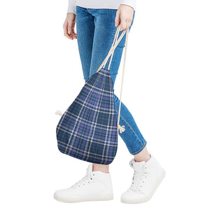 Blue Border Tartan Pattern Print Drawstring Bag