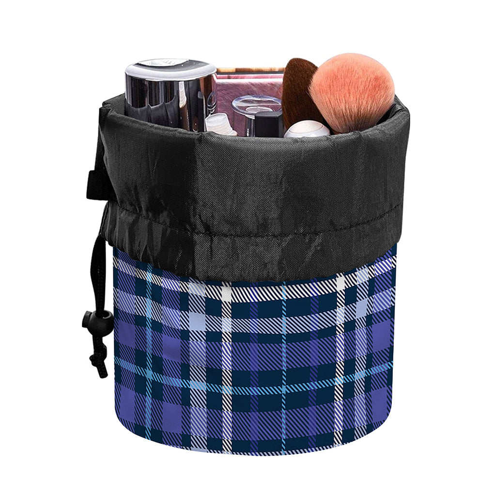Blue Border Tartan Pattern Print Drawstring Makeup Bag