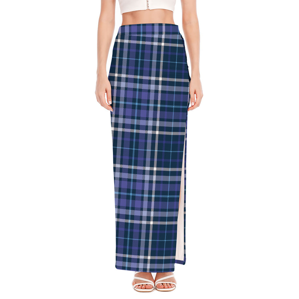 Blue Border Tartan Pattern Print High Slit Maxi Skirt