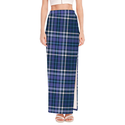 Blue Border Tartan Pattern Print High Slit Maxi Skirt