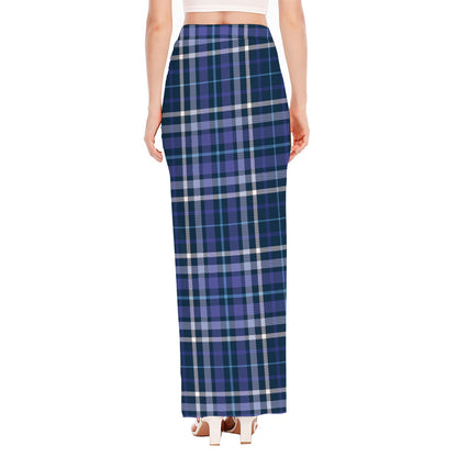 Blue Border Tartan Pattern Print High Slit Maxi Skirt