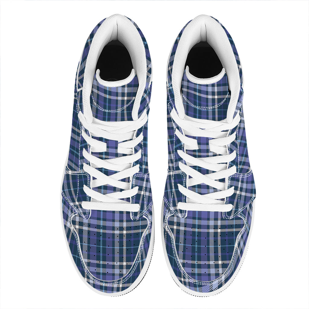 Blue Border Tartan Pattern Print High Top Leather Sneakers