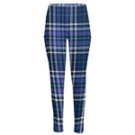 Blue Border Tartan Pattern Print High-Waisted Pocket Leggings