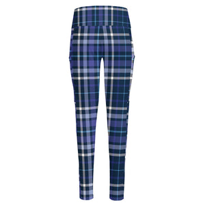 Blue Border Tartan Pattern Print High-Waisted Pocket Leggings