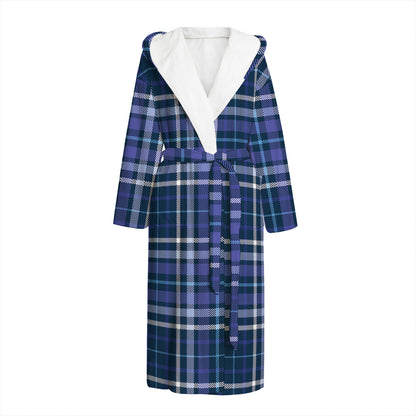 Blue Border Tartan Pattern Print Hooded Bathrobe