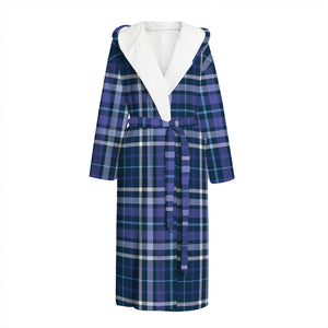 Blue Border Tartan Pattern Print Hooded Bathrobe