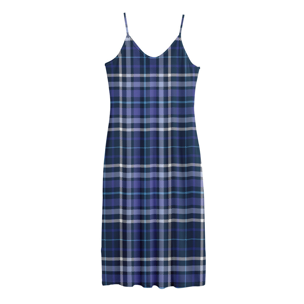 Blue Border Tartan Pattern Print Jersey Midi Cami Dress