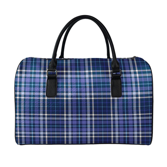 Blue Border Tartan Pattern Print Leather Duffle Bag