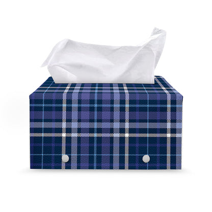 Blue Border Tartan Pattern Print Leather Tissue Box Cover