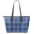 Blue Border Tartan Pattern Print Leather Tote Bag With Zipper