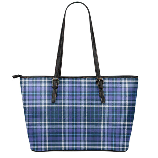 Blue Border Tartan Pattern Print Leather Tote Bag