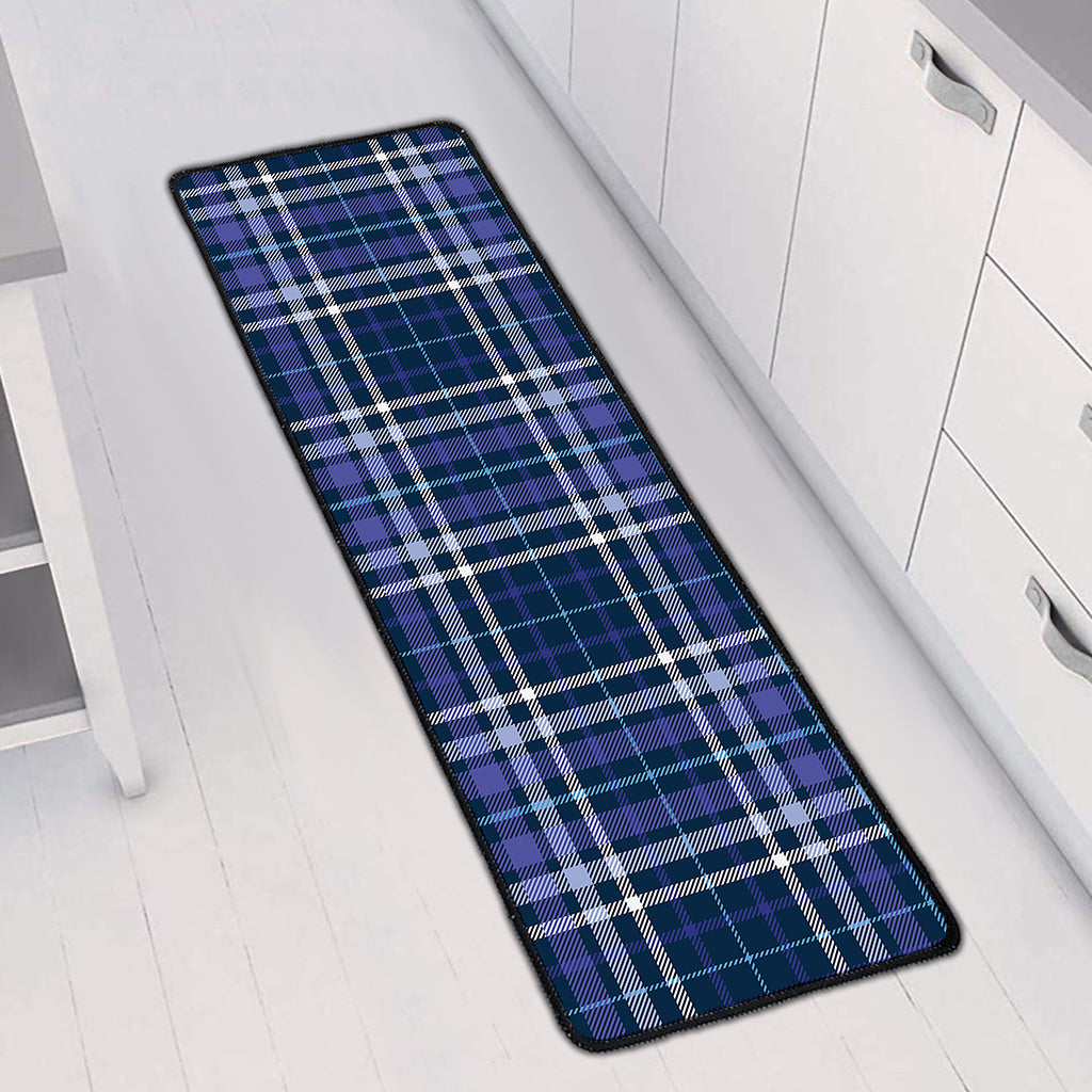 Blue Border Tartan Pattern Print Long Kitchen Mat