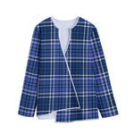 Blue Border Tartan Pattern Print Long Sleeve Short Coat