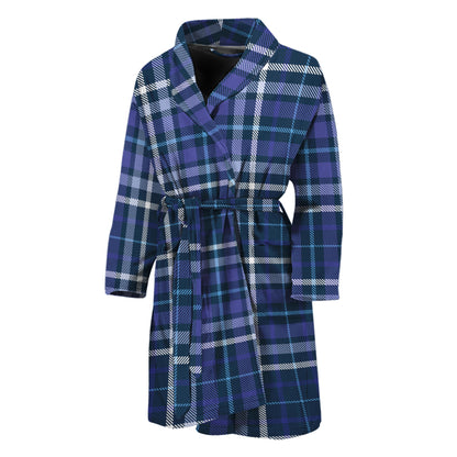 Blue Border Tartan Pattern Print Men's Bathrobe