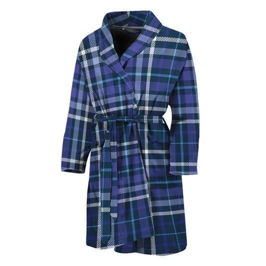 Blue Border Tartan Pattern Print Men's Bathrobe