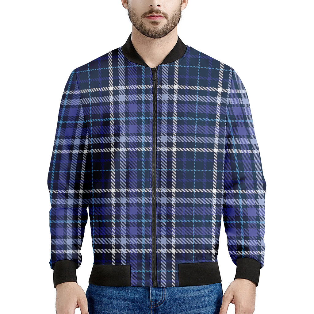 Blue Border Tartan Pattern Print Men's Bomber Jacket