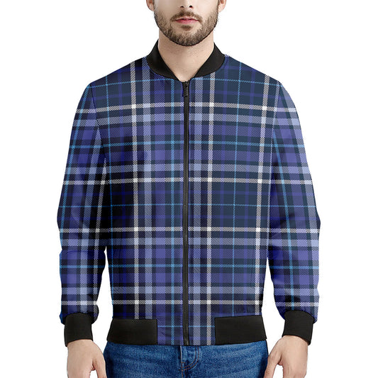 Blue Border Tartan Pattern Print Men's Bomber Jacket