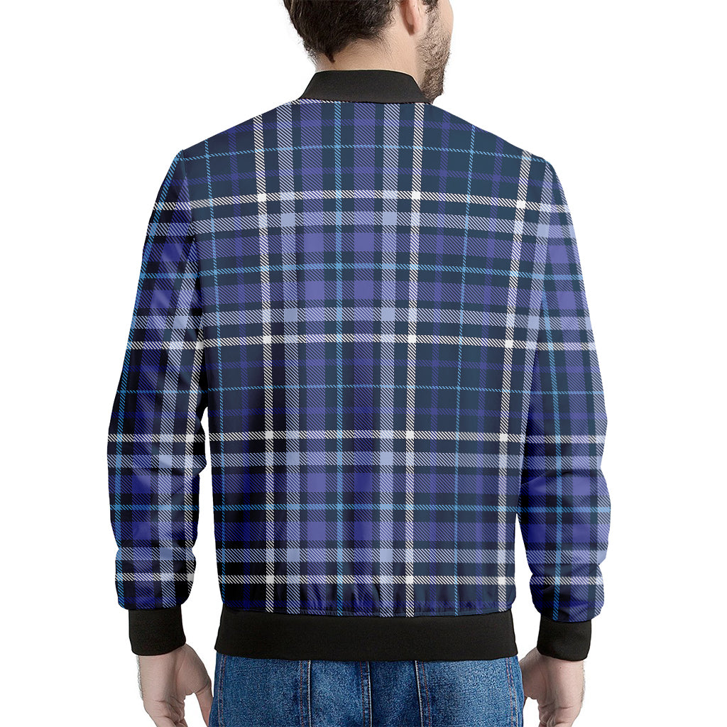 Blue Border Tartan Pattern Print Men's Bomber Jacket