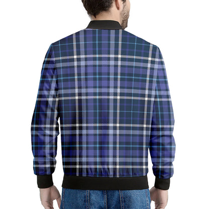 Blue Border Tartan Pattern Print Men's Bomber Jacket