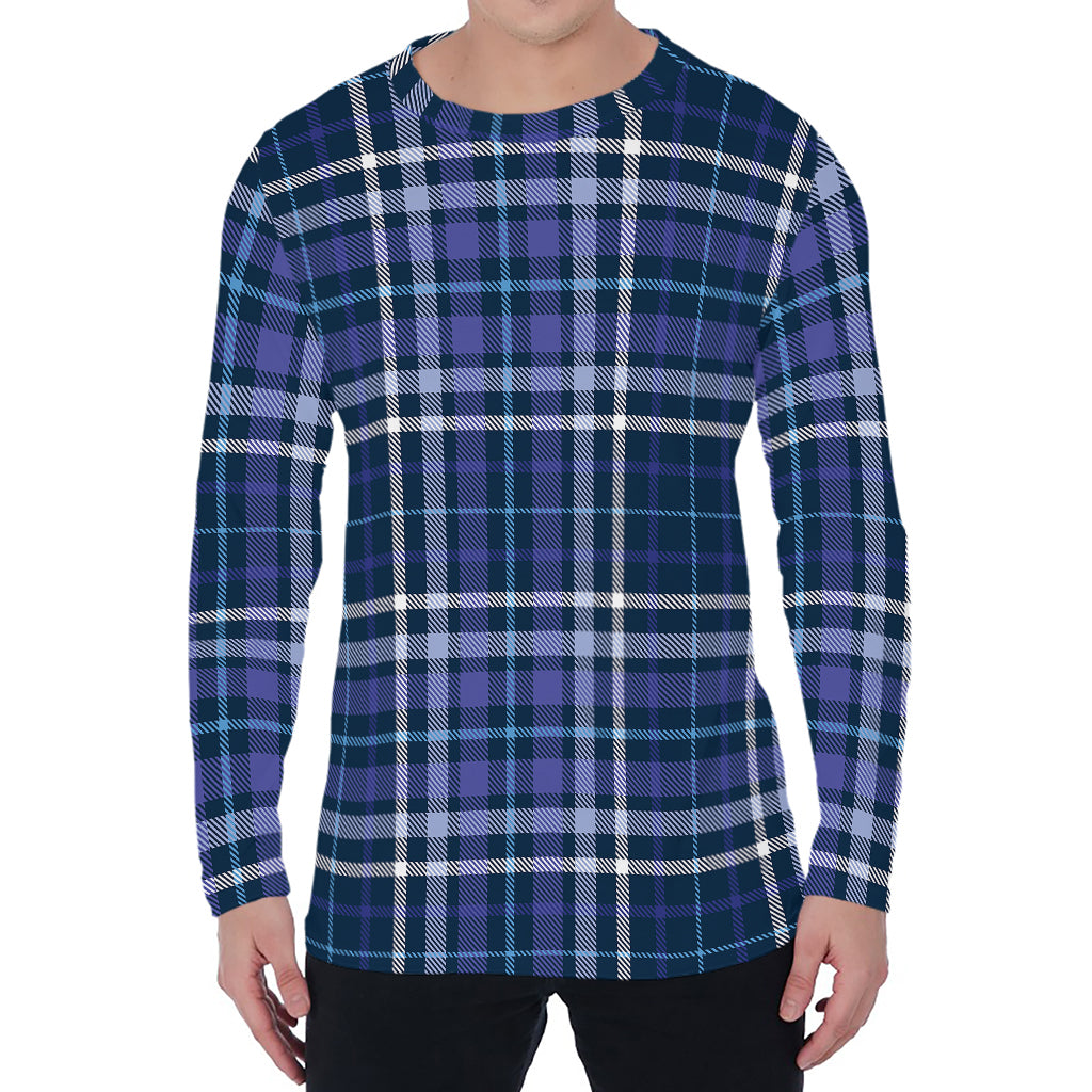 Blue Border Tartan Pattern Print Men's Long Sleeve T-Shirt