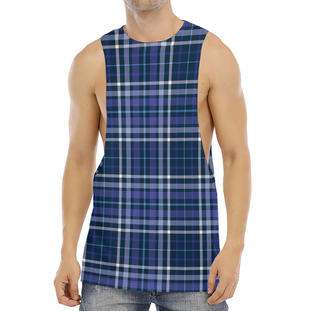 Blue Border Tartan Pattern Print Men's Muscle Tank Top