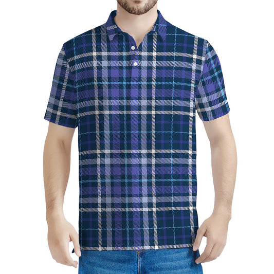 Blue Border Tartan Pattern Print Men's Polo Shirt