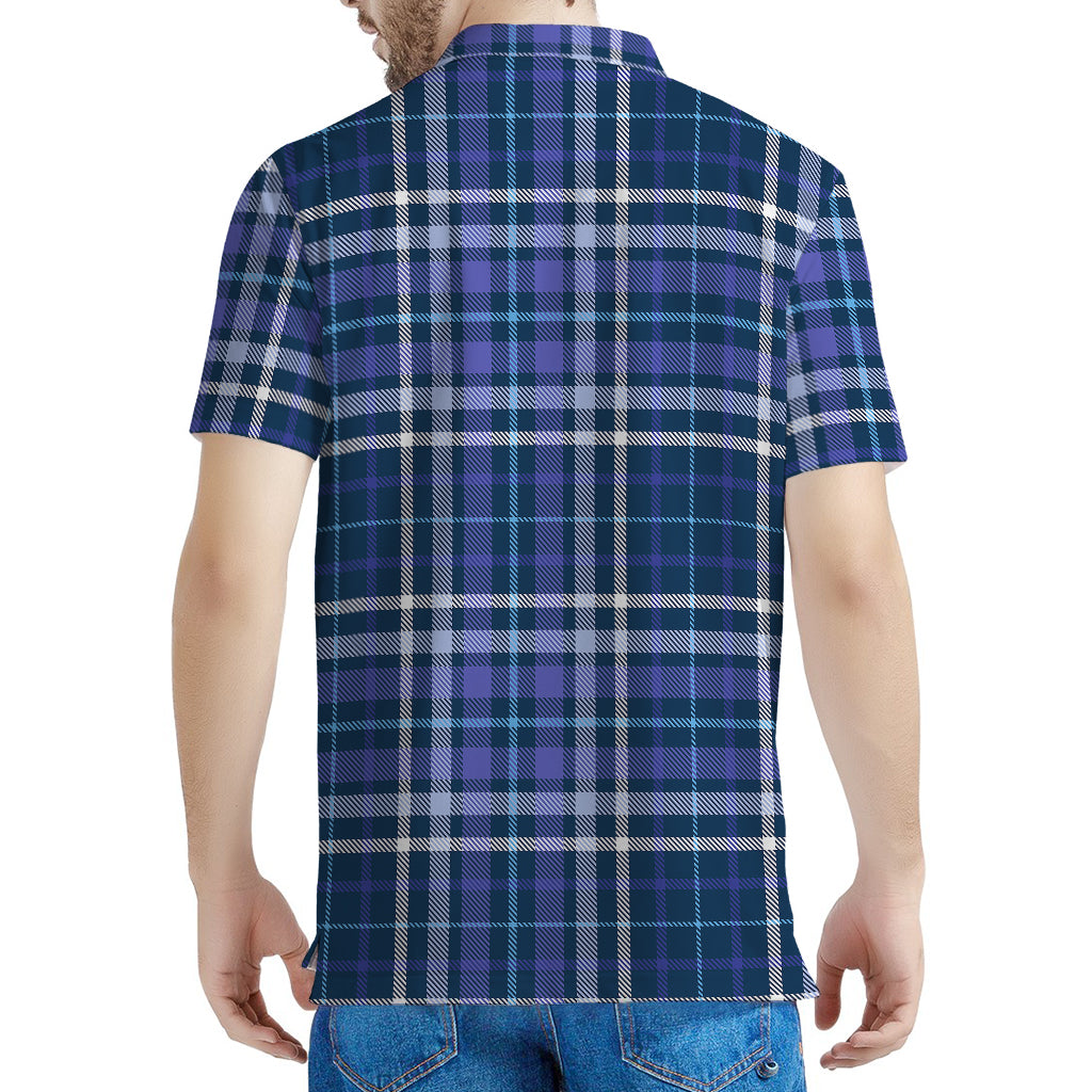 Blue Border Tartan Pattern Print Men's Polo Shirt